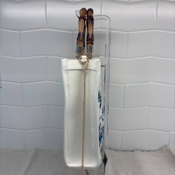 Viral Beaded Satchel bag w/ Bamboo Handles - Made in India - Blue and White - Picture 3 of 12